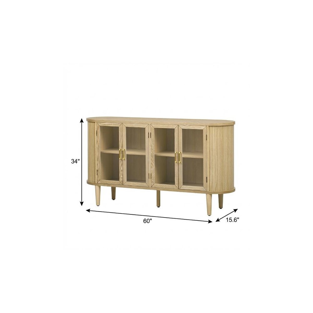 60" Natural Wood Buffet Table With Four Glass Doors