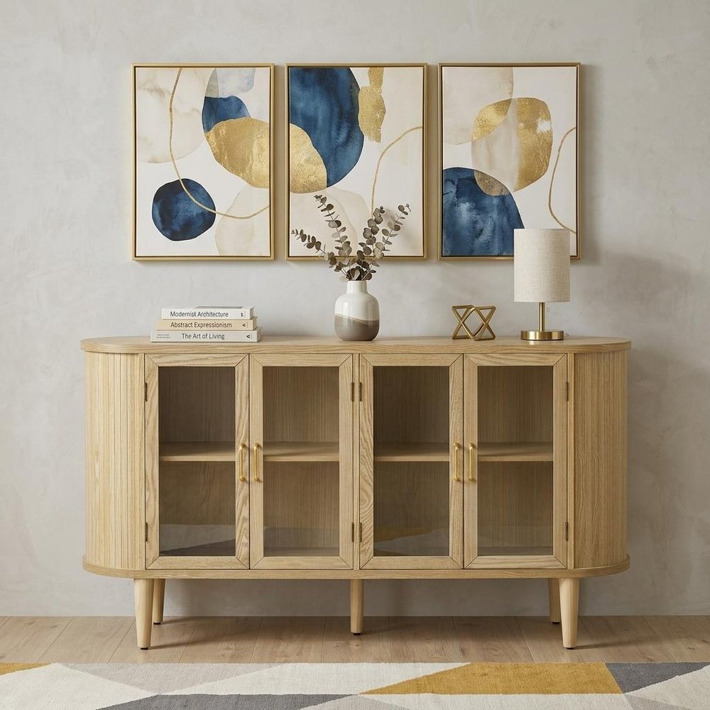 60" Natural Wood Buffet Table With Four Glass Doors