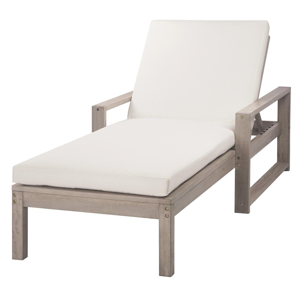 72" Gray Solid and Manufactured Wood Five Position Adjustable Outdoor Chaise Lounge with White Cushion