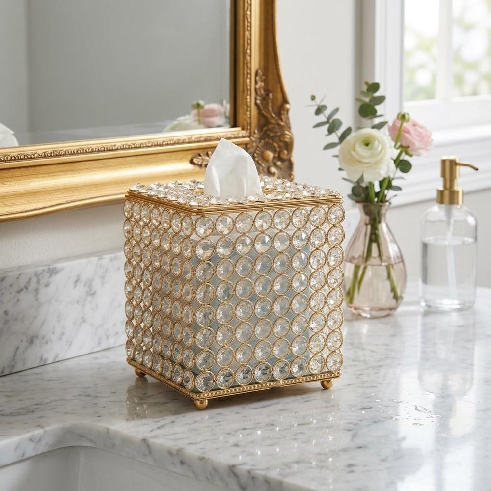 7" Clear And Gold Crystal And Iron Tissue Box Cover