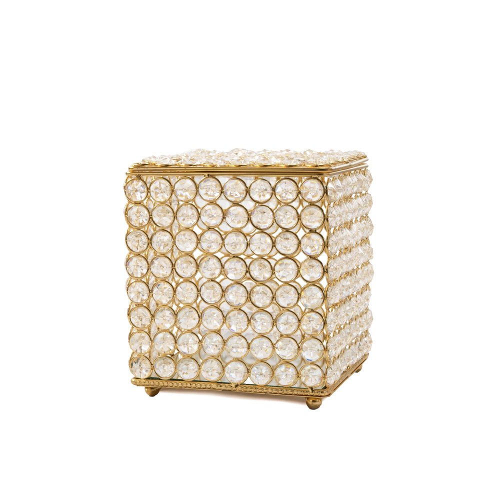 7" Clear And Gold Crystal And Iron Tissue Box Cover