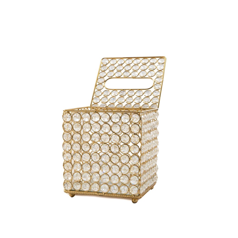 7" Clear And Gold Crystal And Iron Tissue Box Cover