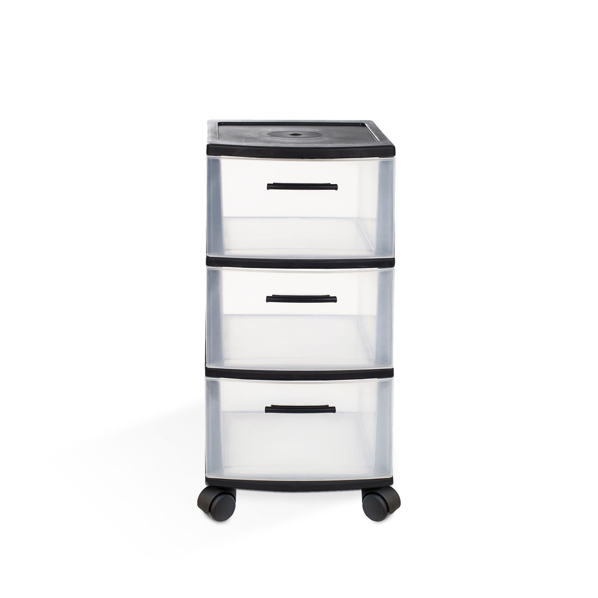 13" Black And Clear Heavy Duty Plastic Three Drawer Rolling Storage Cabinet