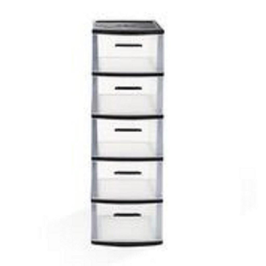 13" Black And Clear Heavy Duty Plastic Five Drawer Storage Cabinet