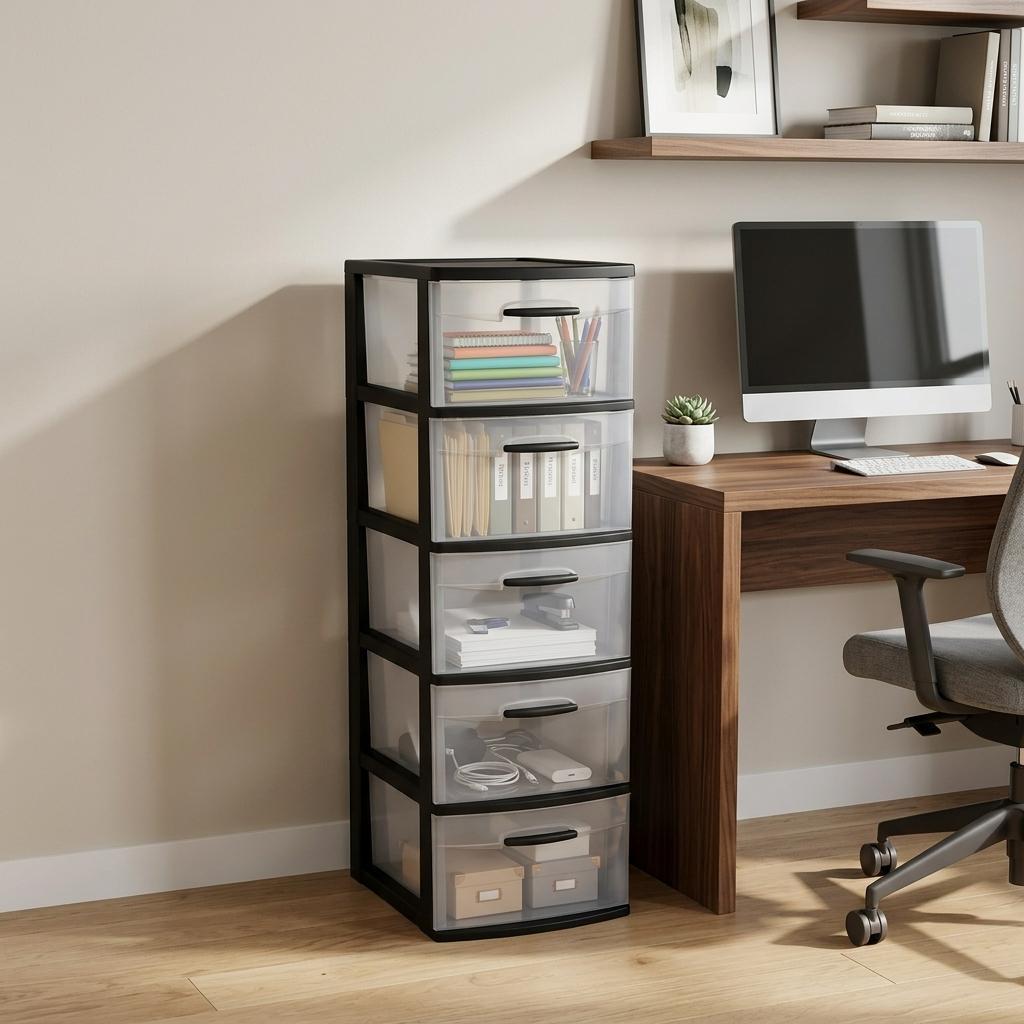 13" Black And Clear Heavy Duty Plastic Five Drawer Storage Cabinet