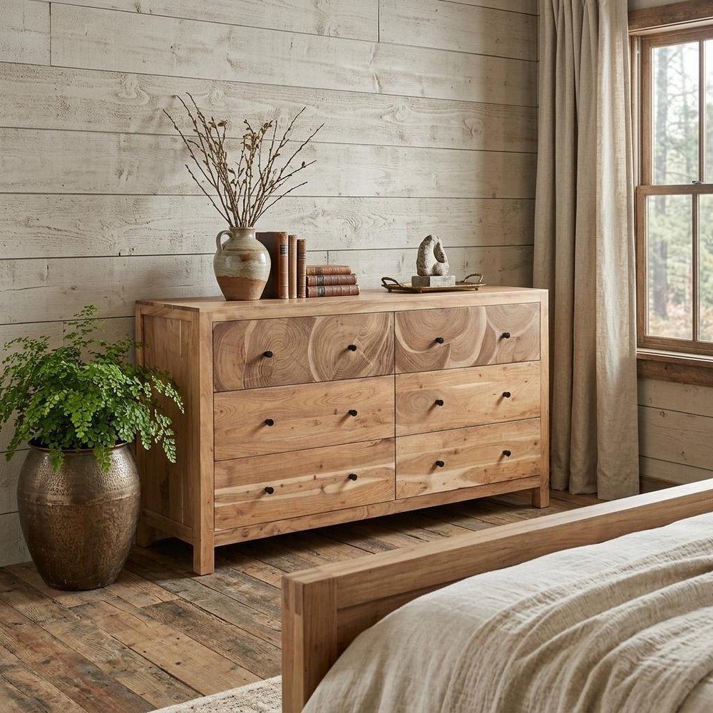 64" Brown Live Edge Solid Wood Six Drawer Double Dresser