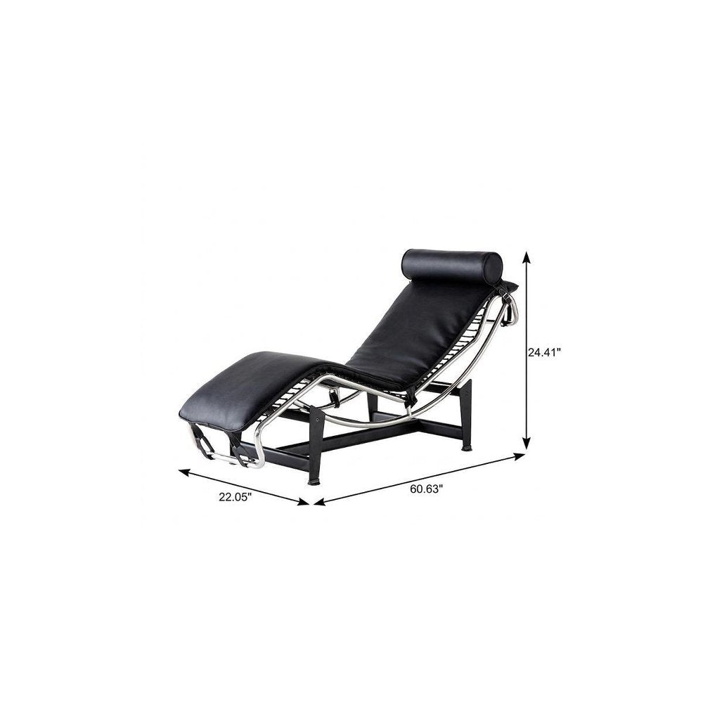 61" Black And Silver Leather and Metal Adjustable Lounge Chair With Pillow