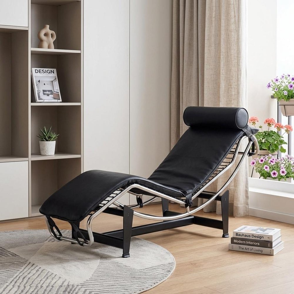 61" Black And Silver Leather and Metal Adjustable Lounge Chair With Pillow