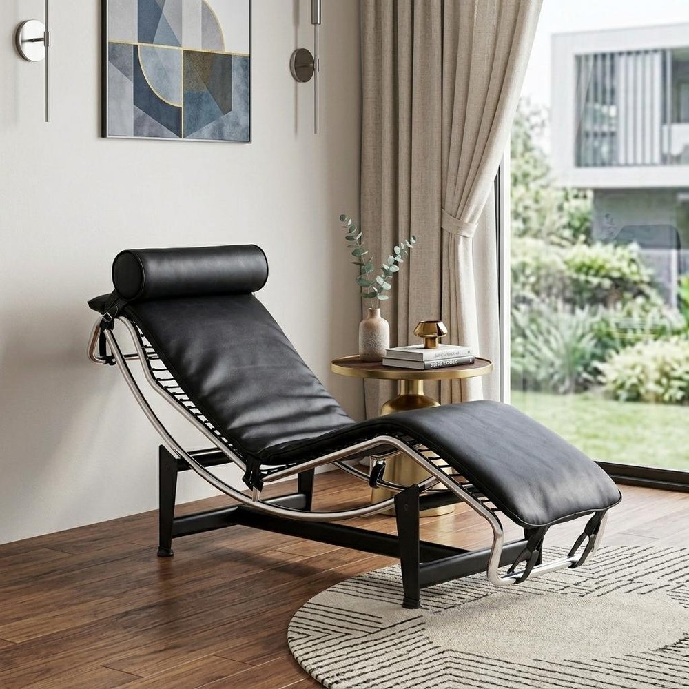 61" Black And Silver Leather and Metal Adjustable Lounge Chair With Pillow