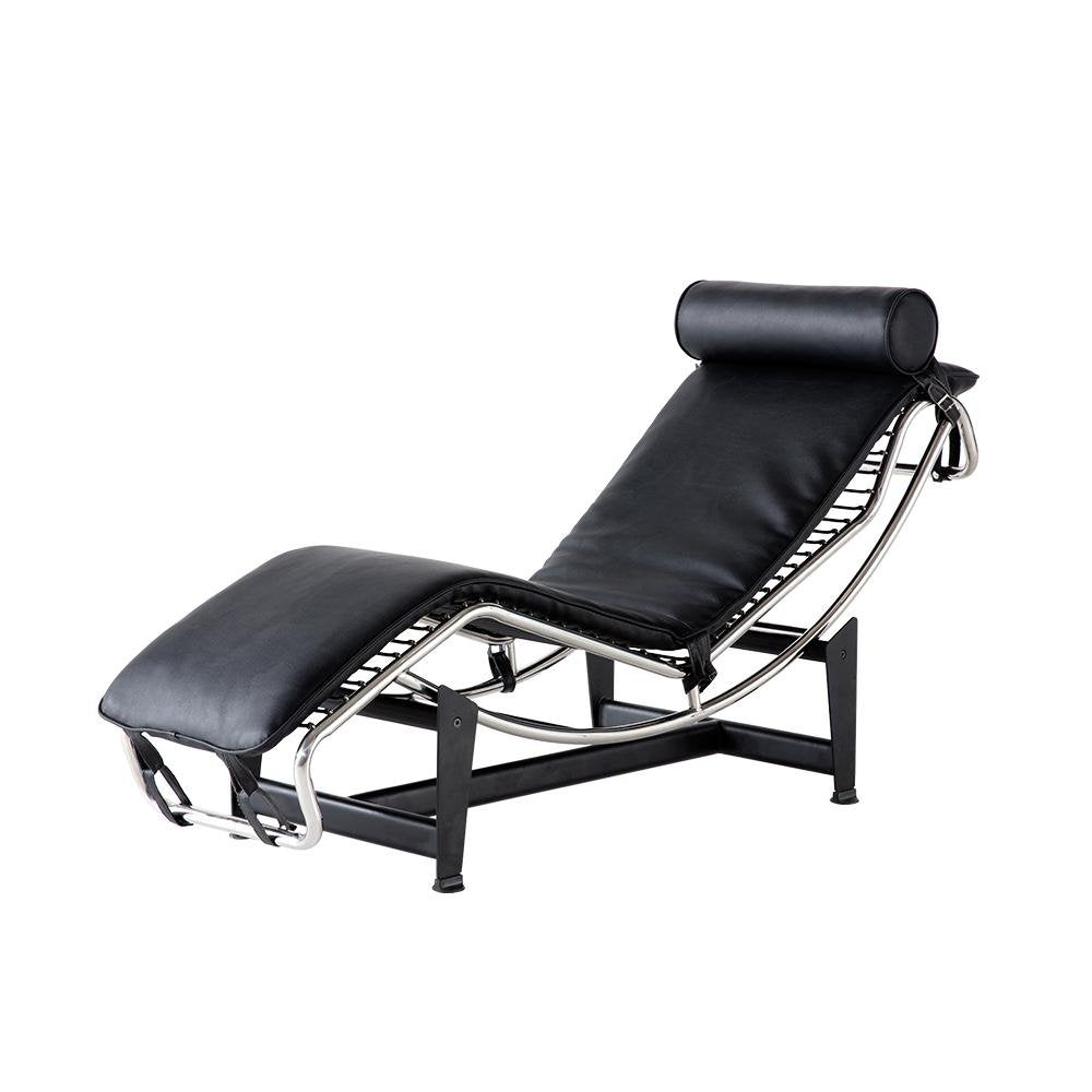 61" Black And Silver Leather and Metal Adjustable Lounge Chair With Pillow