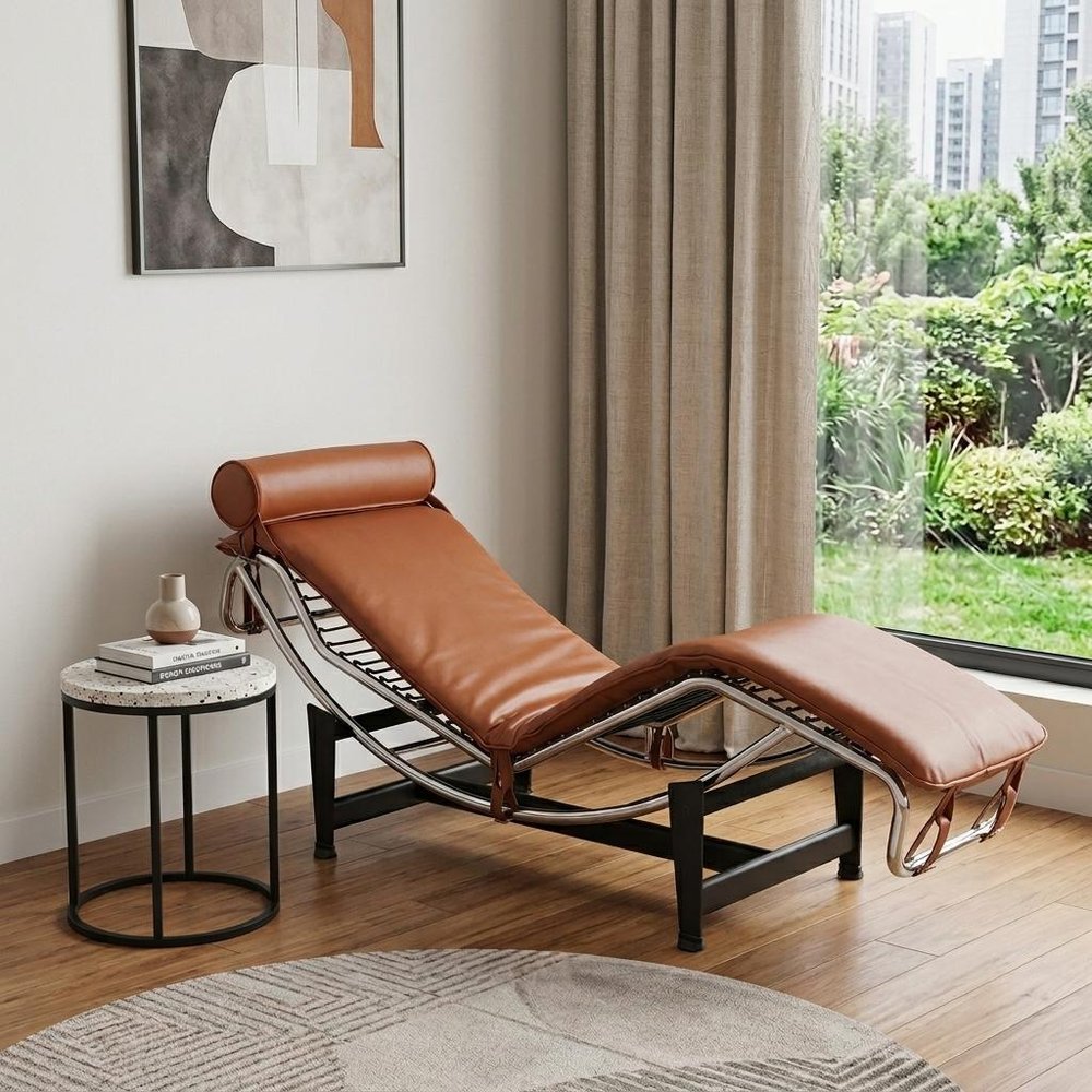 61" Brown Black And Silver Leather and Metal Adjustable Lounge Chair With Pillow