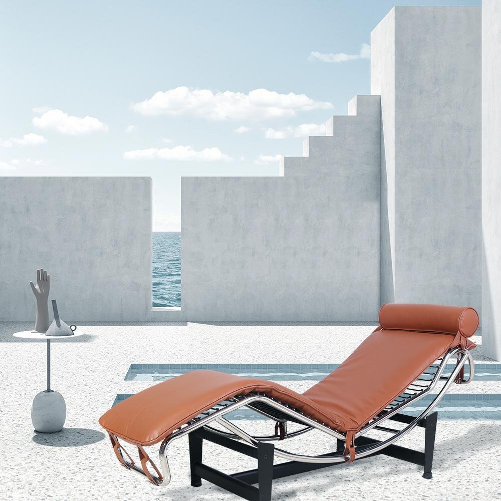 61" Brown Black And Silver Leather and Metal Adjustable Lounge Chair With Pillow