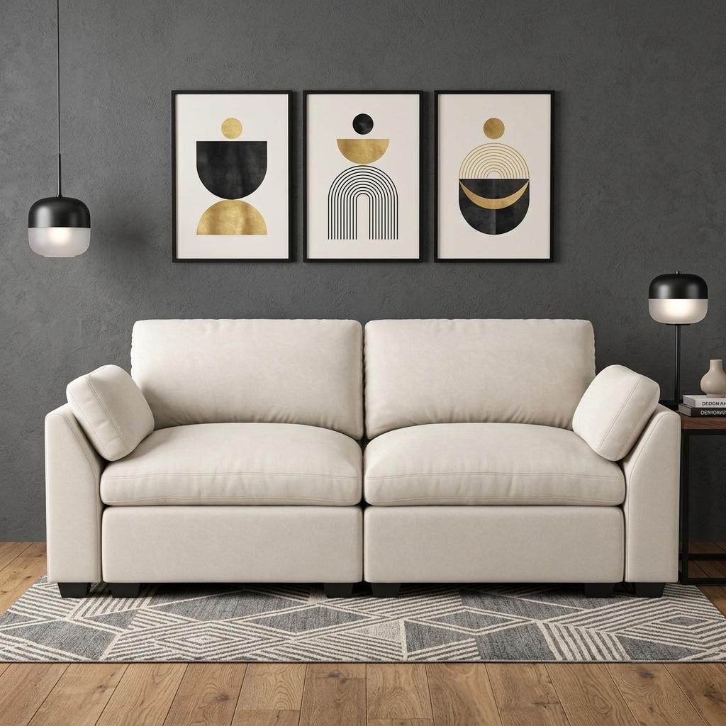 75" Beige and Black Velvet Modular Loveseat