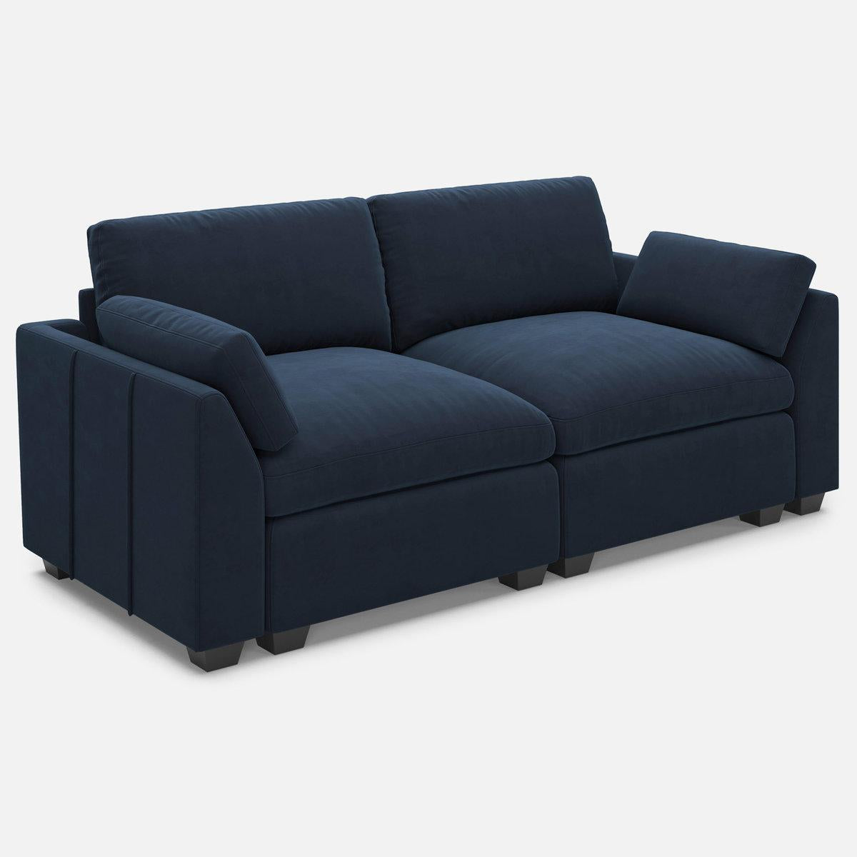 75" Navy Blue and Black Velvet Modular Loveseat