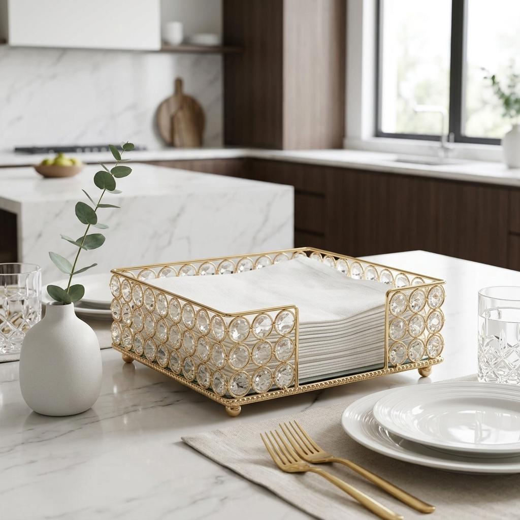 8" Gold Iron And Crystal Square Napkin Holder