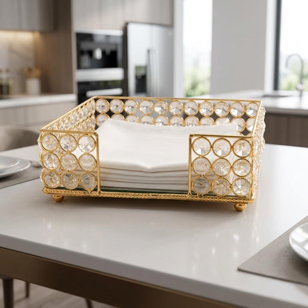 8" Gold Iron And Crystal Square Napkin Holder