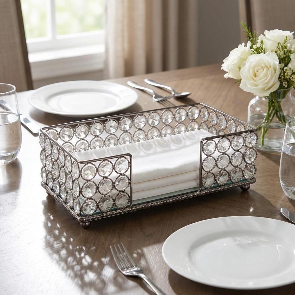 10" Silver Iron And Crystal Rectangular Napkin Holder