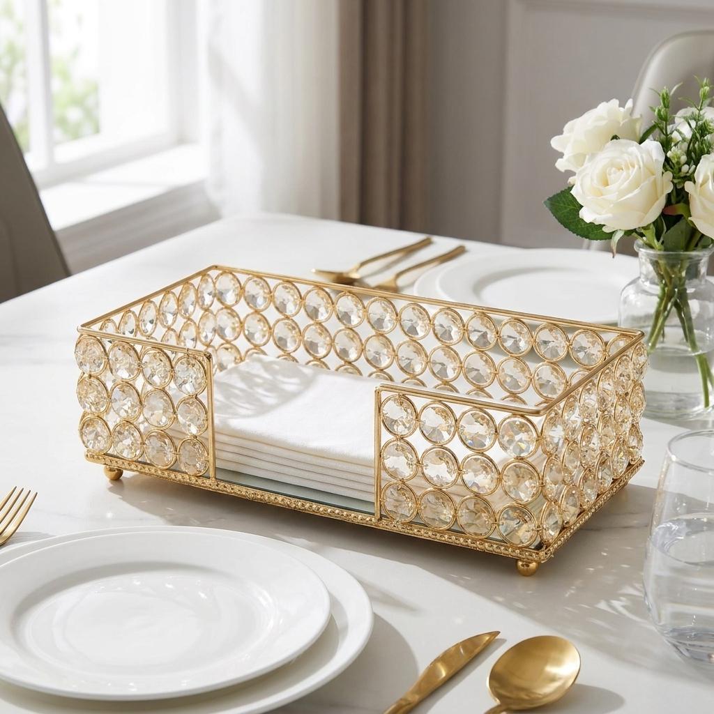 10" Gold Iron And Crystal Rectangular Napkin Holder