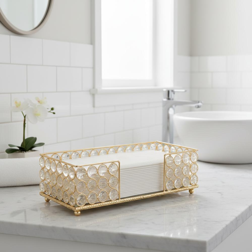10" Gold Iron And Crystal Rectangular Napkin Holder