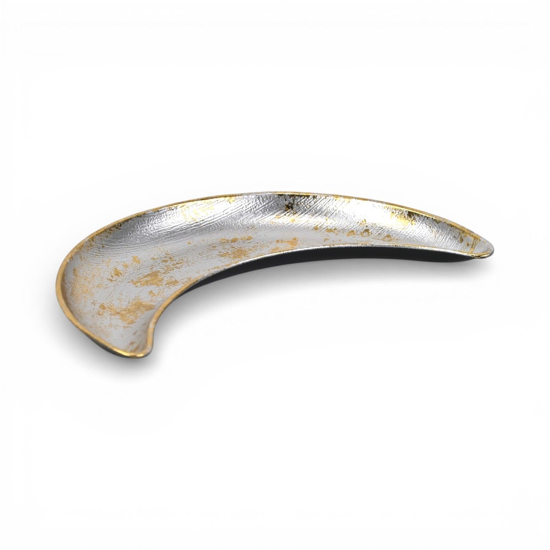 10" Silver And Gold Metal Handmade Crescent Trinket Tray