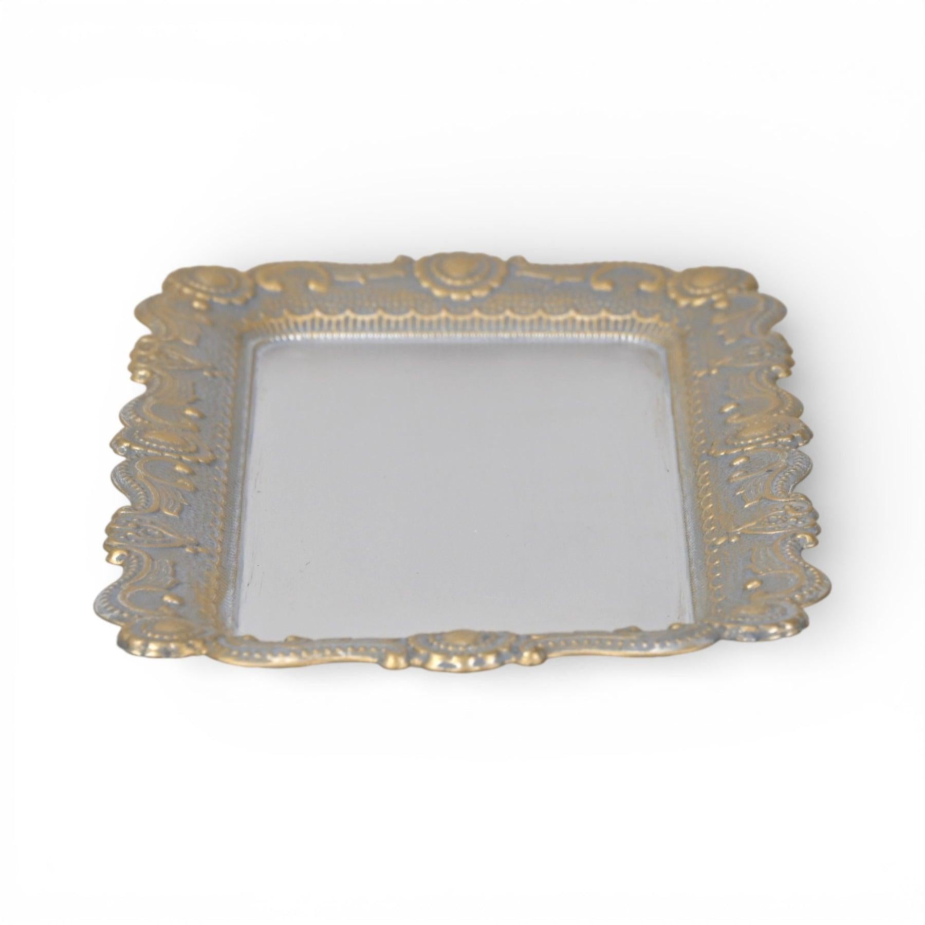 12" Blue Gray Silver And Gold Metal Handmade Trinket Tray