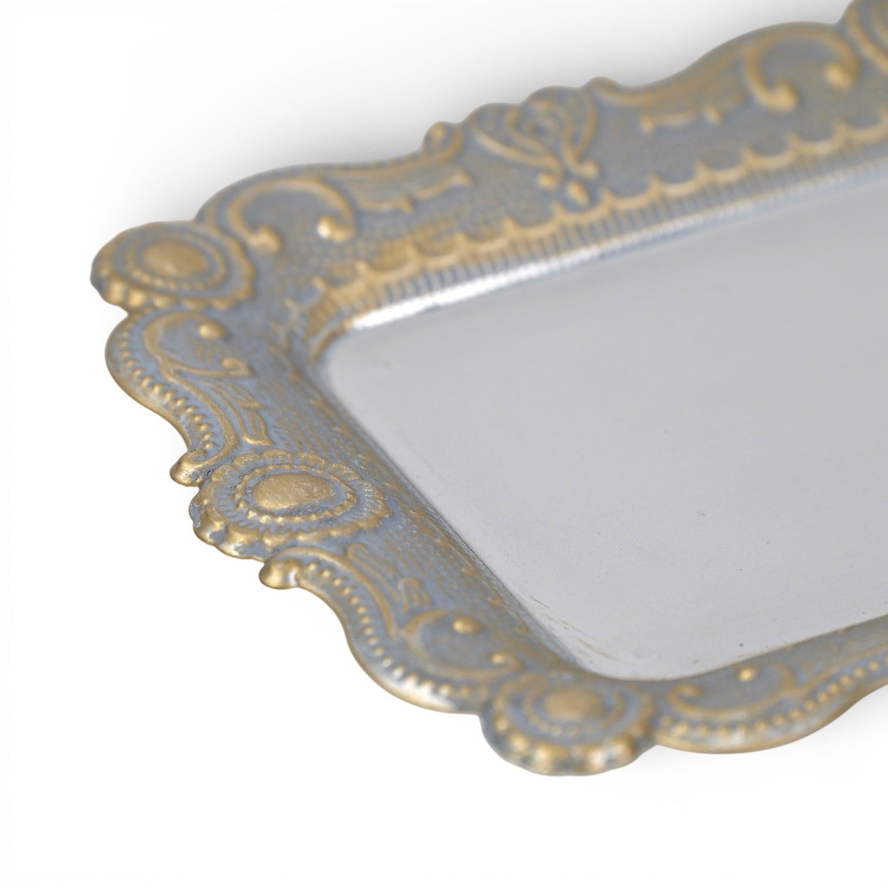 12" Blue Gray Silver And Gold Metal Handmade Trinket Tray