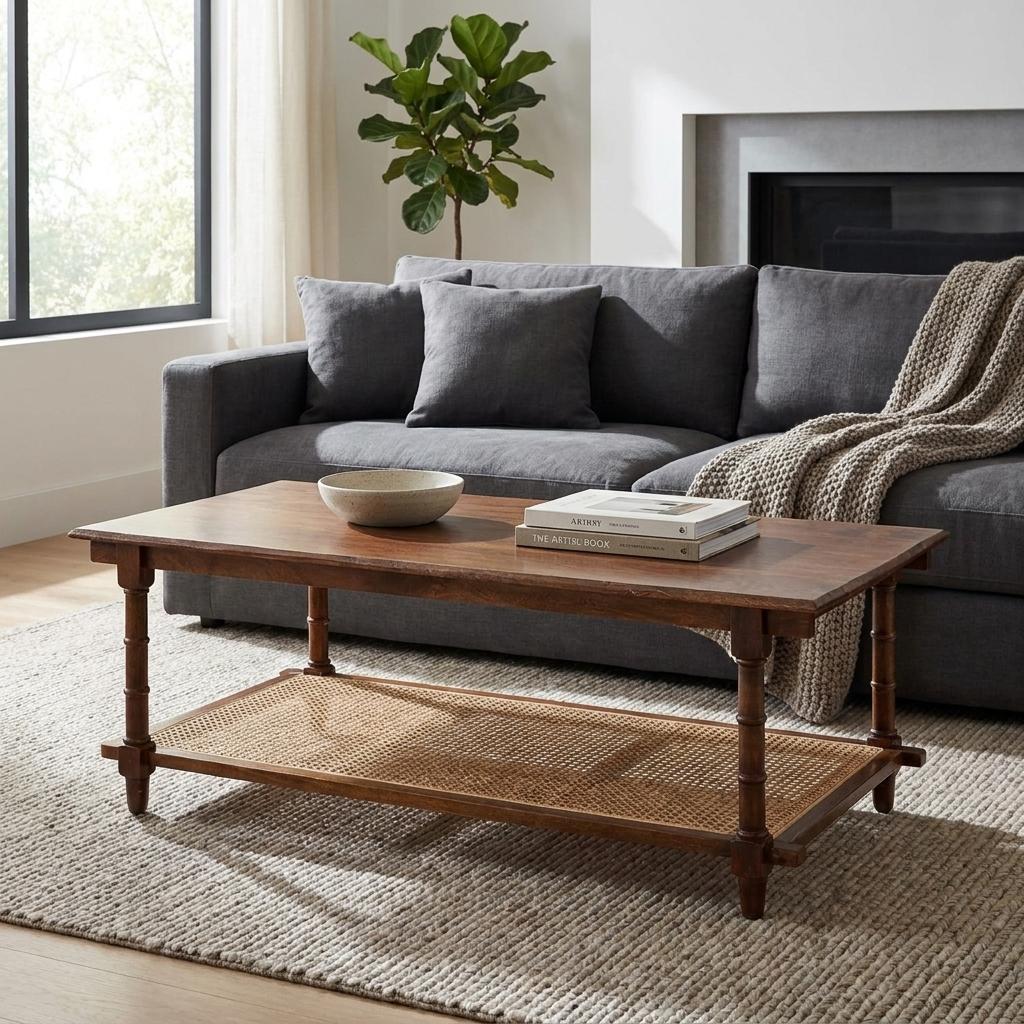42" Chestnut Solid Wood and Rattan Coffee Table