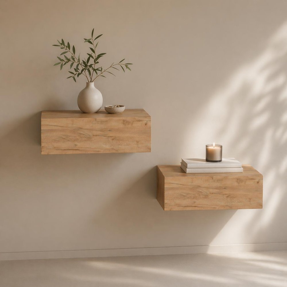 Set of Two 16" Oak Wood One Drawer Floating Nightstand