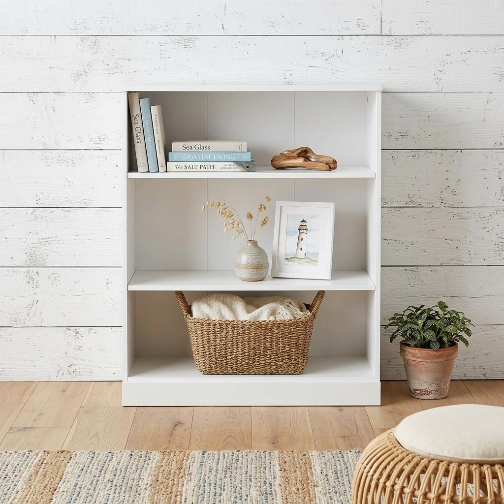 36" White Solid Wood Adjustable Three Tier Library Bookcase