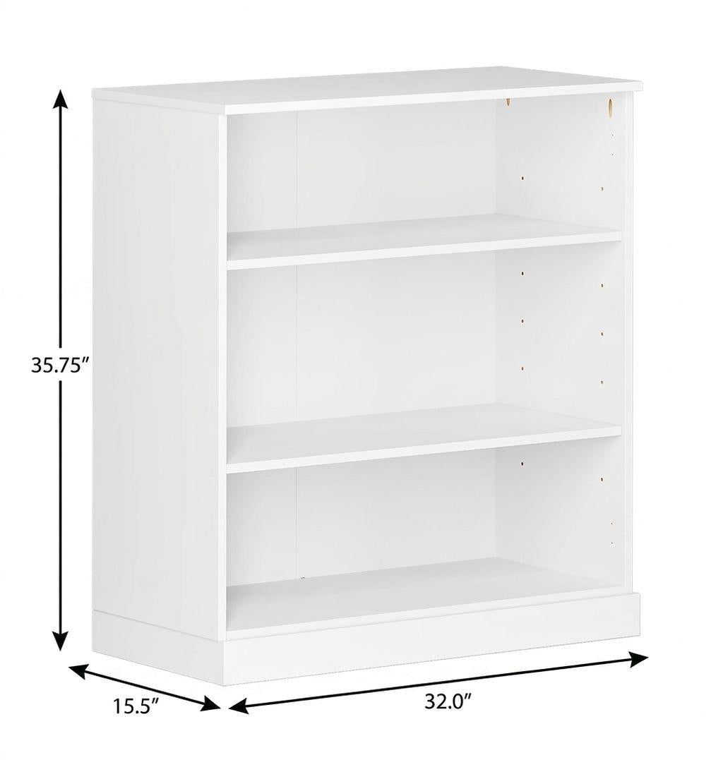 36" White Solid Wood Adjustable Three Tier Library Bookcase