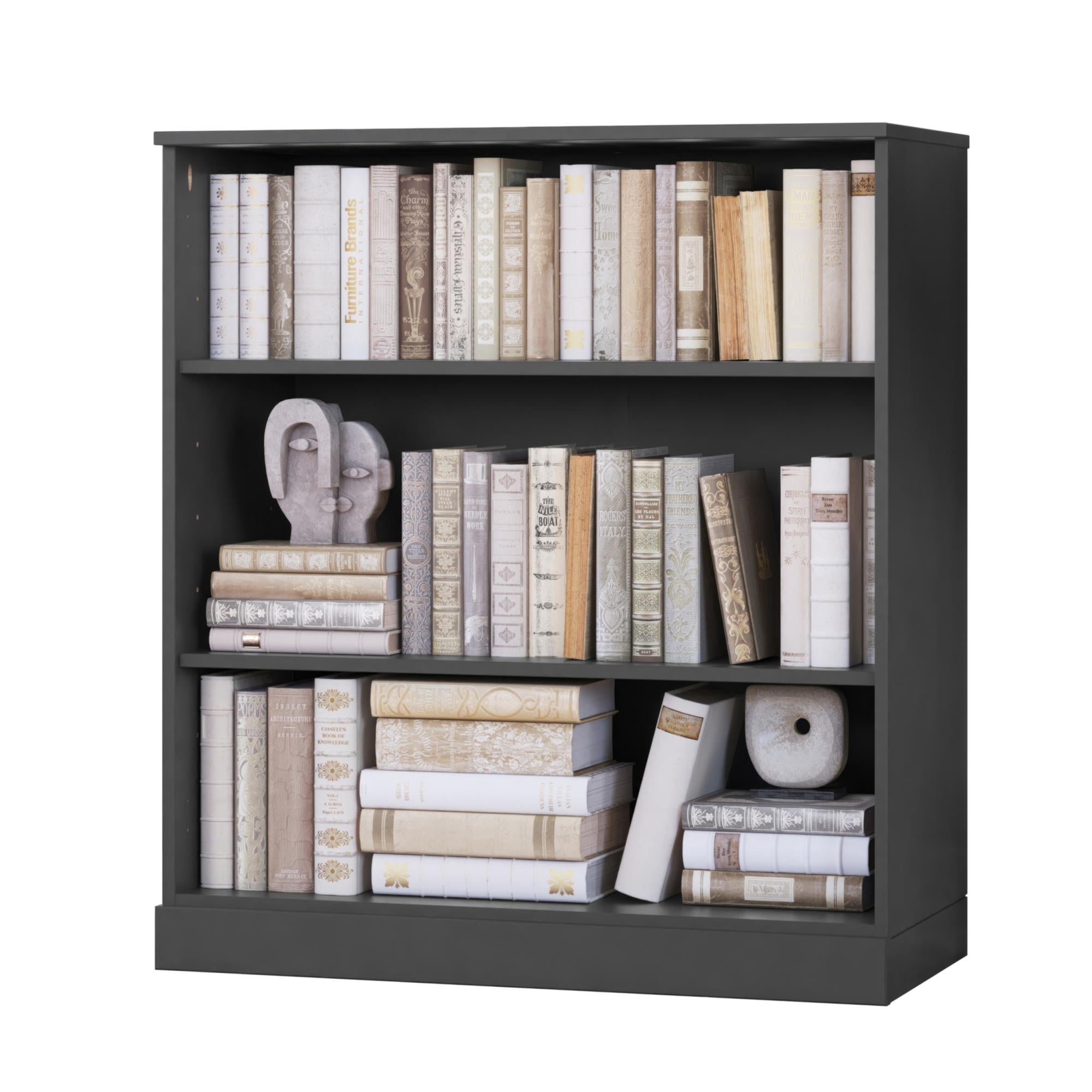 36" Gray Solid Wood Adjustable Three Tier Library Bookcase