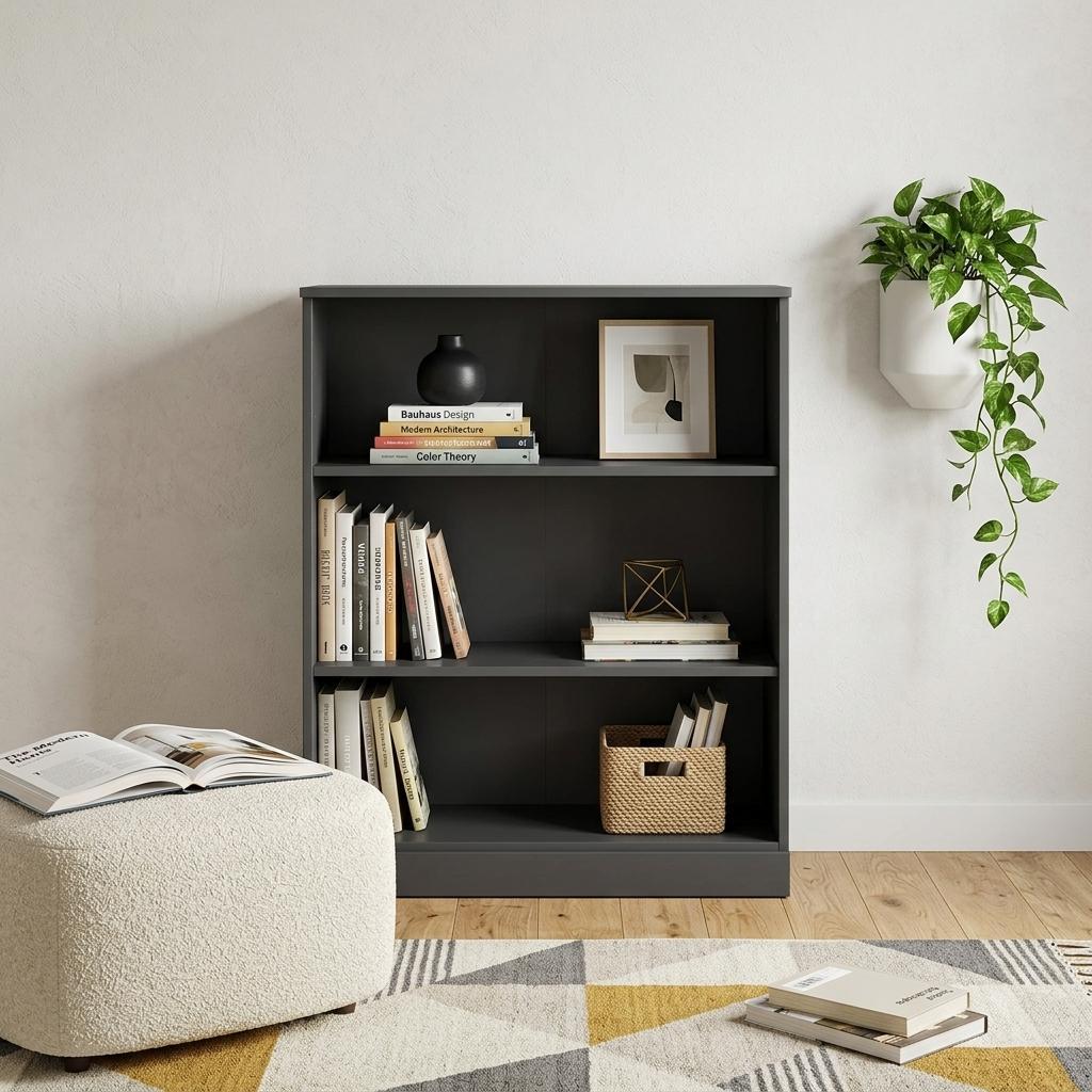 36" Gray Solid Wood Adjustable Three Tier Library Bookcase