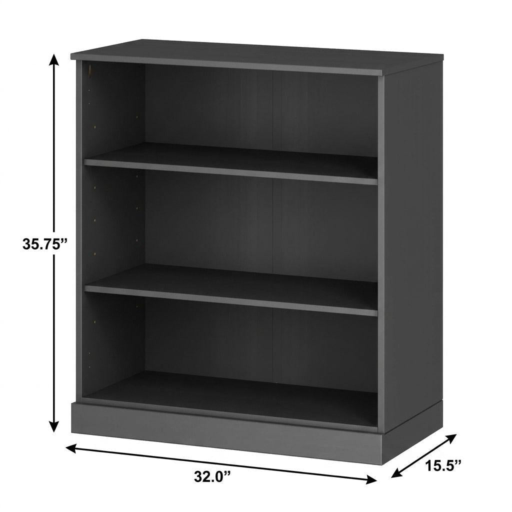 36" Gray Solid Wood Adjustable Three Tier Library Bookcase