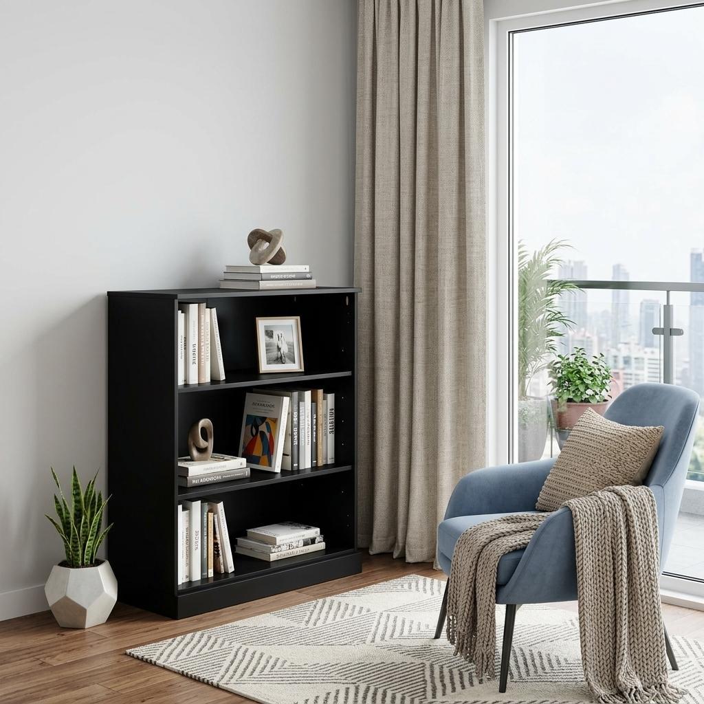 36" Black Solid Wood Adjustable Three Tier Library Bookcase
