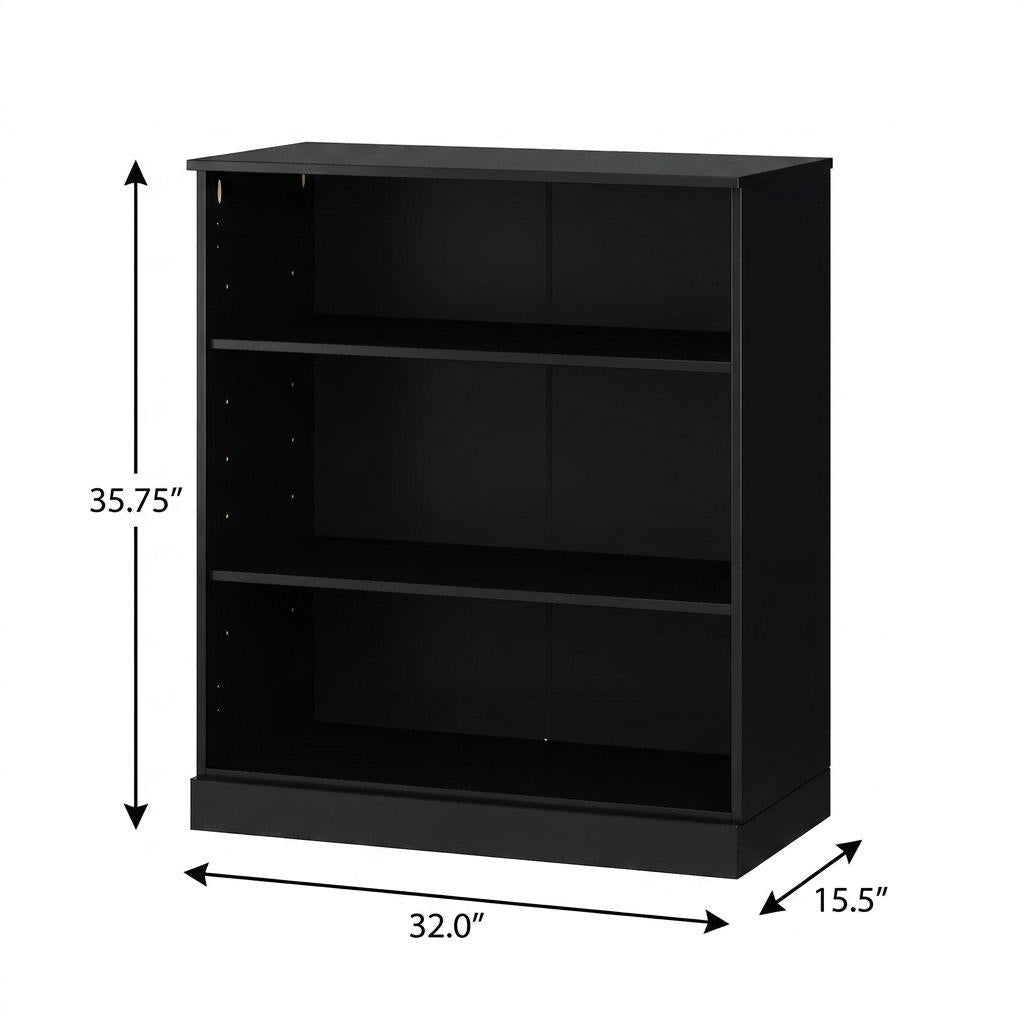 36" Black Solid Wood Adjustable Three Tier Library Bookcase