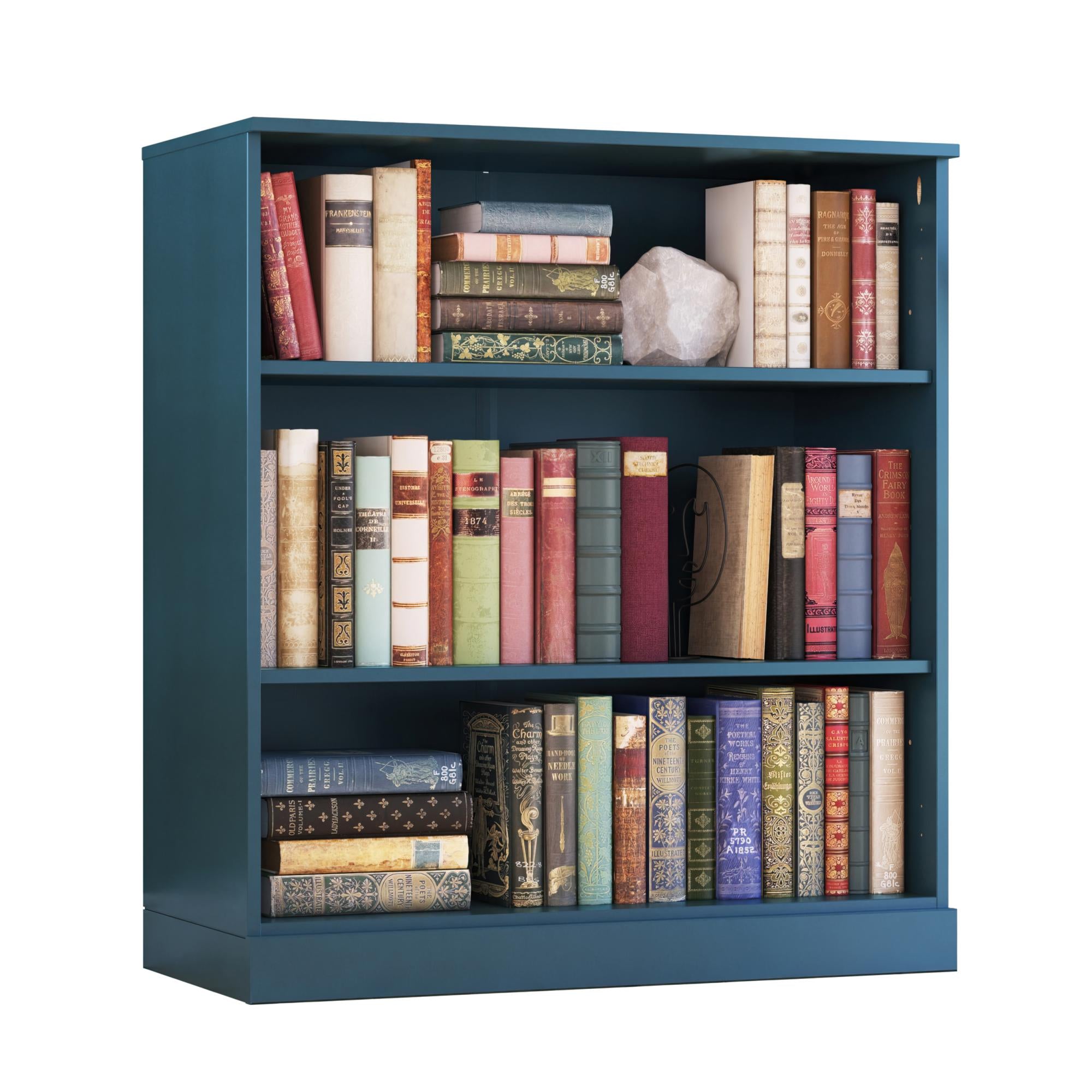 36" Teal Blue Solid Wood Adjustable Three Tier Library Bookcase