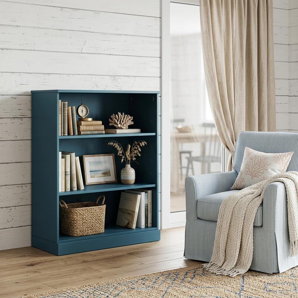 36" Teal Blue Solid Wood Adjustable Three Tier Library Bookcase