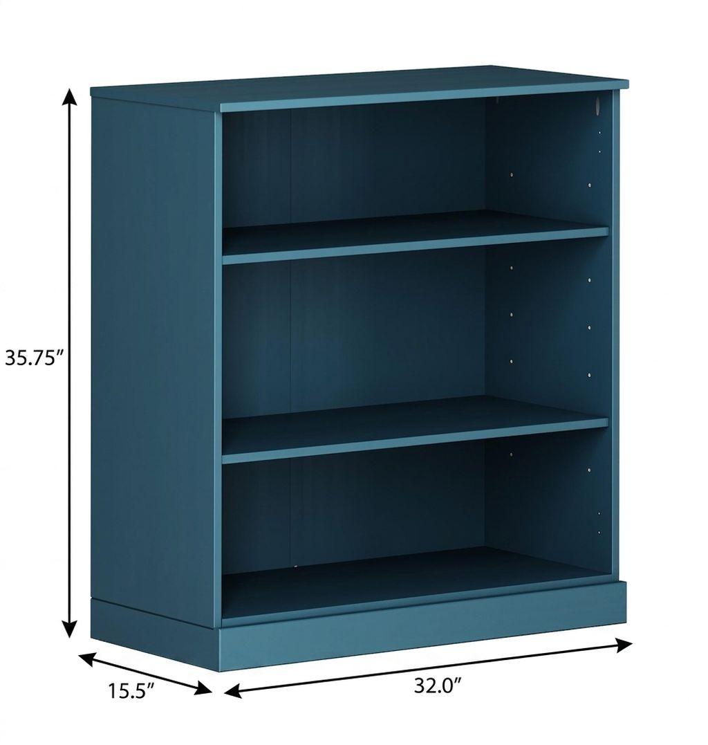 36" Teal Blue Solid Wood Adjustable Three Tier Library Bookcase