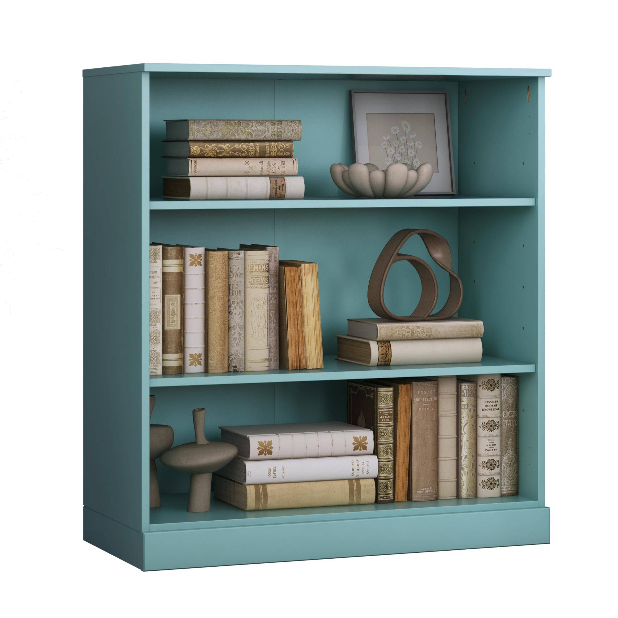 36" Aqua Solid Wood Adjustable Three Tier Library Bookcase