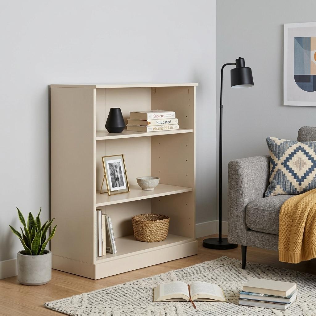 36" Beige Solid Wood Adjustable Three Tier Library Bookcase