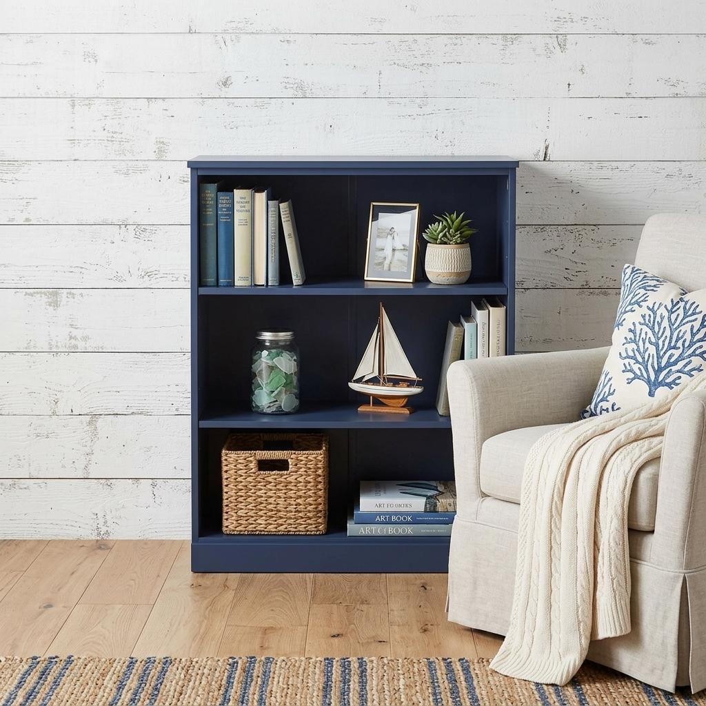 36" Navy Blue Solid Wood Adjustable Three Tier Library Bookcase