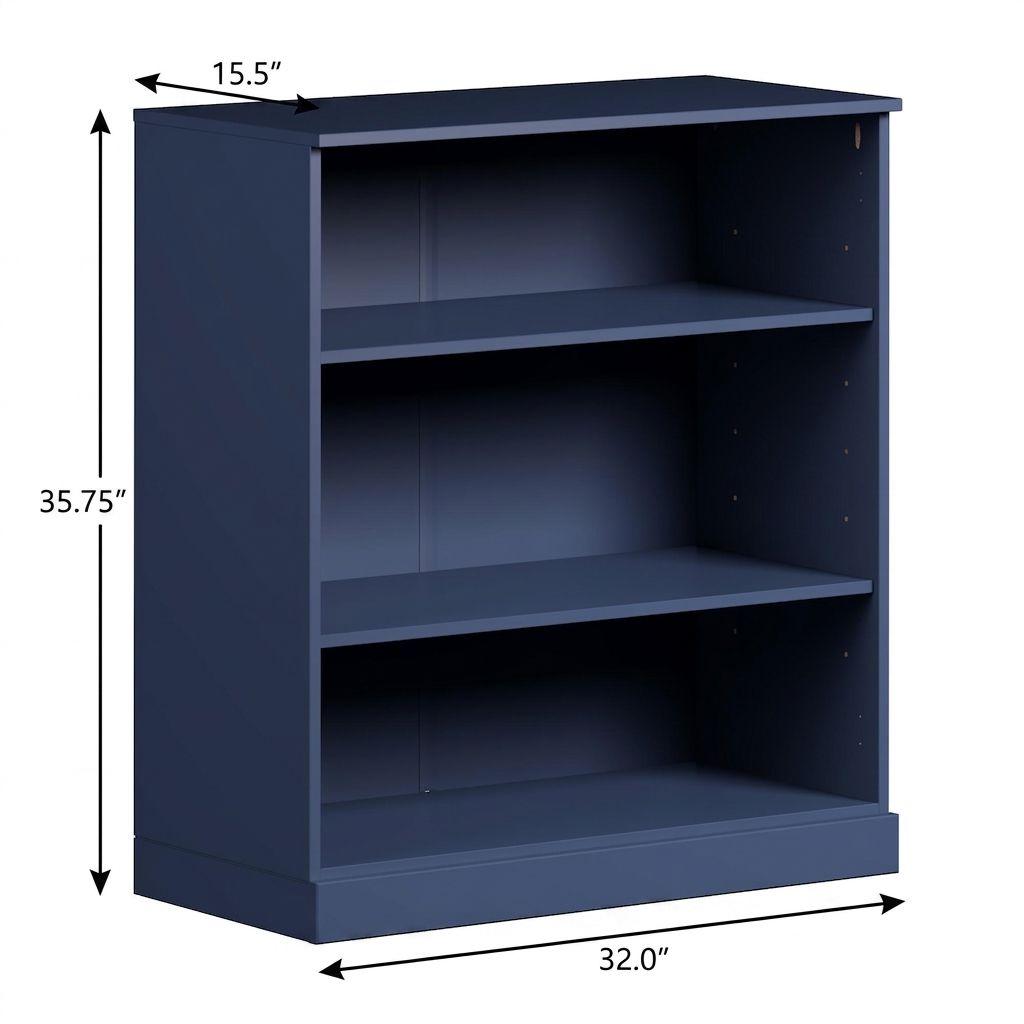36" Navy Blue Solid Wood Adjustable Three Tier Library Bookcase
