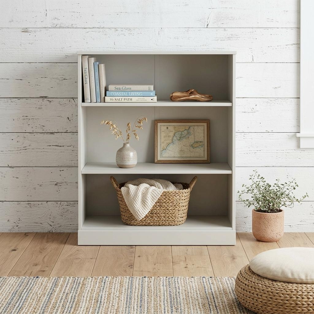 36" Off White Solid Wood Adjustable Three Tier Library Bookcase