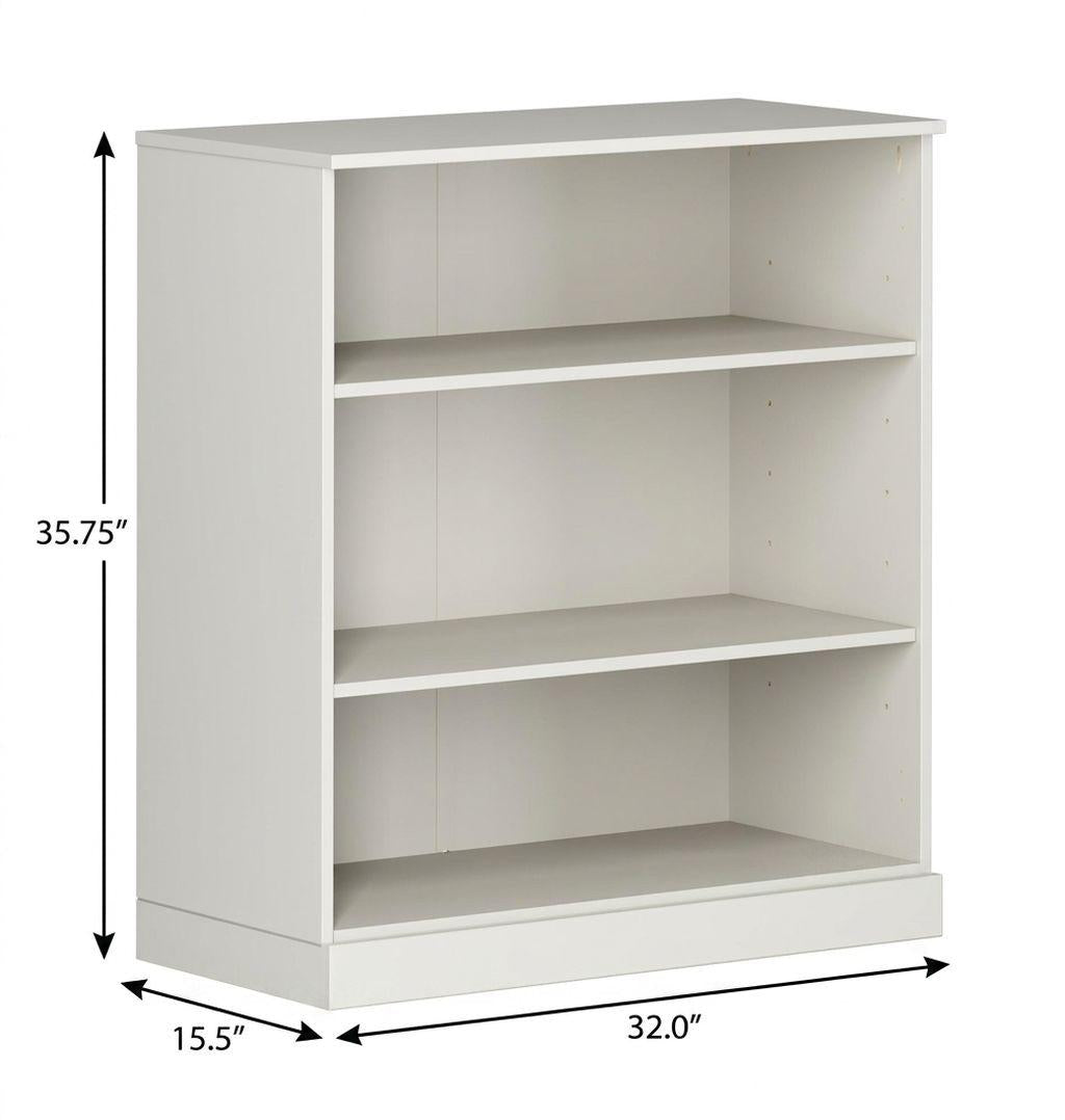 36" Off White Solid Wood Adjustable Three Tier Library Bookcase