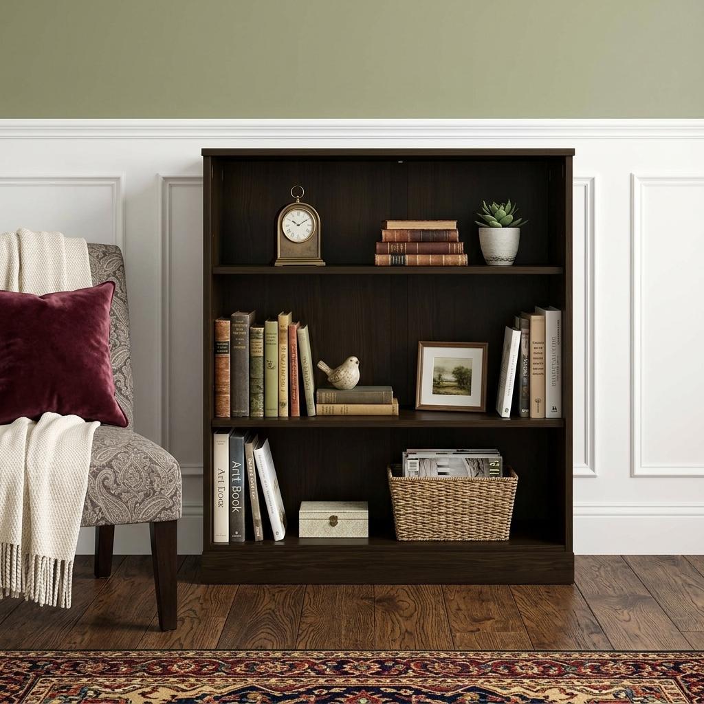 36" Espresso Solid Wood Adjustable Three Tier Library Bookcase