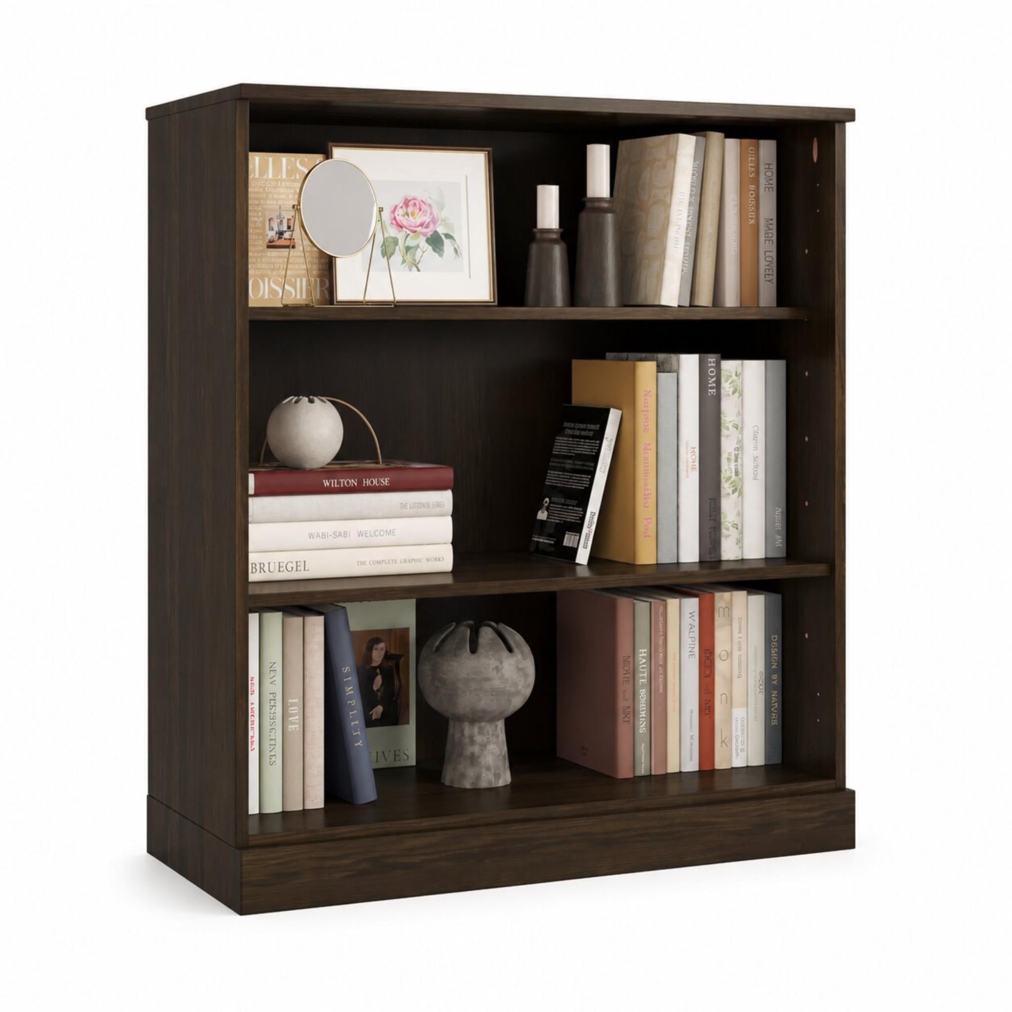 36" Espresso Solid Wood Adjustable Three Tier Library Bookcase
