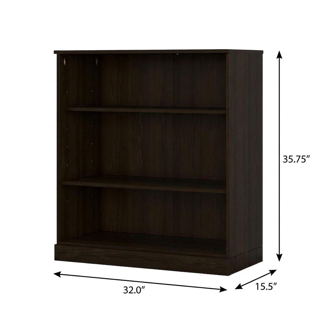 36" Espresso Solid Wood Adjustable Three Tier Library Bookcase