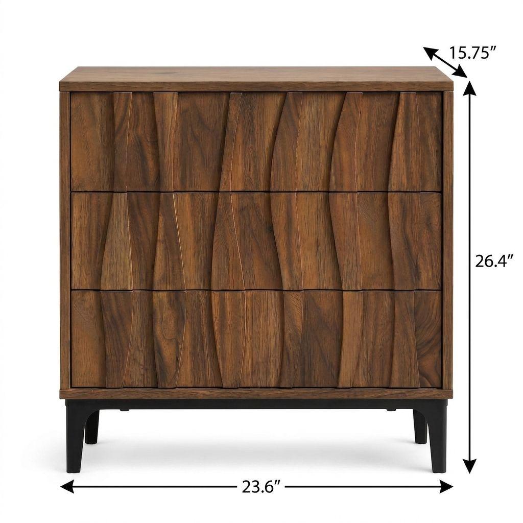 26" Walnut Wood Ribbed Texture Three Drawer Nightstand
