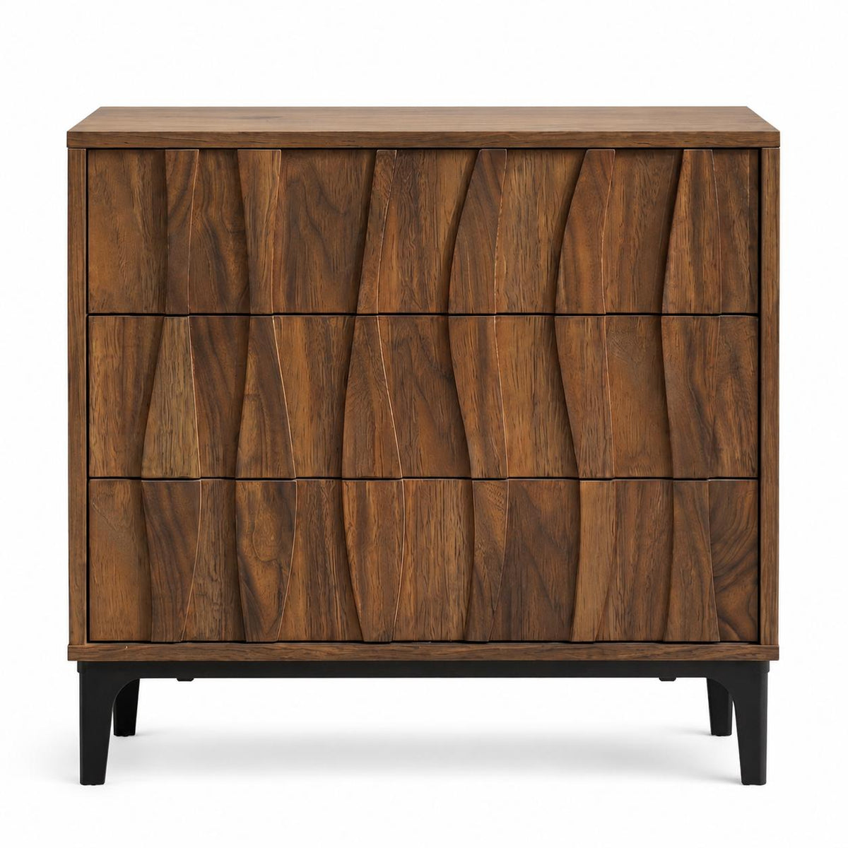 26" Walnut Wood Ribbed Texture Three Drawer Nightstand