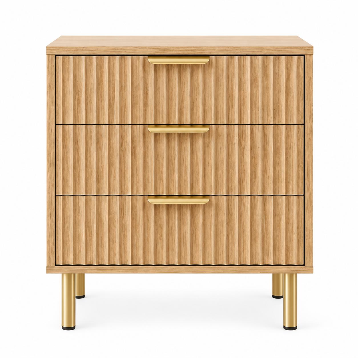 24" Oak Wood Ribbed Texture Three Drawer Nightstand